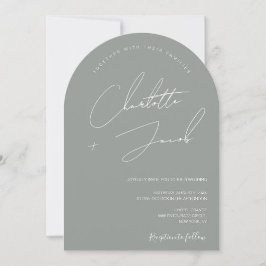 Minimalistisch Sage Green Modern Script arch Weddi Einladung (Vorderseite)