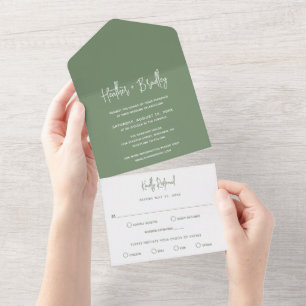 Minimalistisch Sage Green Modern Wedding All In One Einladung