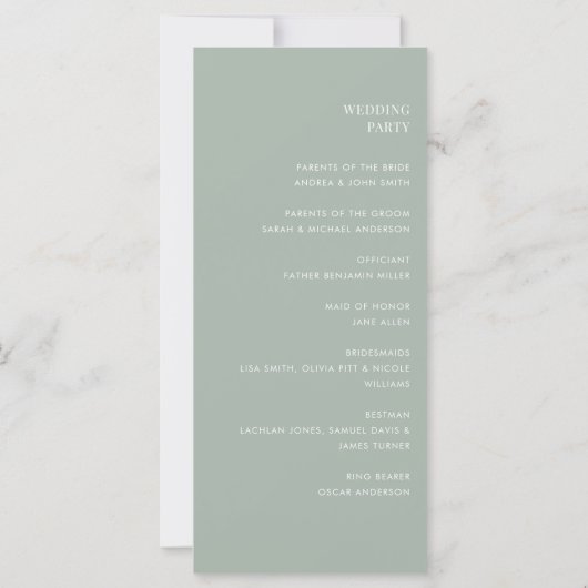 Minimalistisch Sage Green Modern Wedding Program (Rückseite)