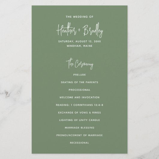 Minimalistisch Sage Green Modern Wedding Program (Vorderseite)