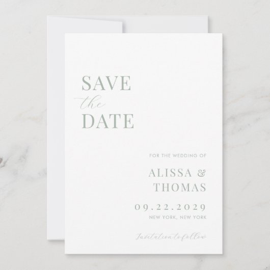 Minimalistisch Sage Green Modern Wedding Save The Date (Vorderseite)