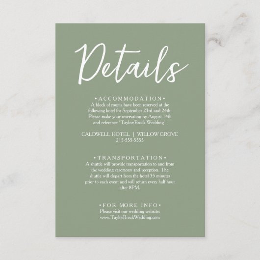 Minimalistisch Sage Green Script Hochzeitsdetails Begleitkarte (Vorderseite)