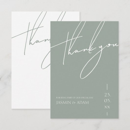 Minimalistisch Sage Green Script Typografy Wedding Dankeskarte (Vorne/Hinten)