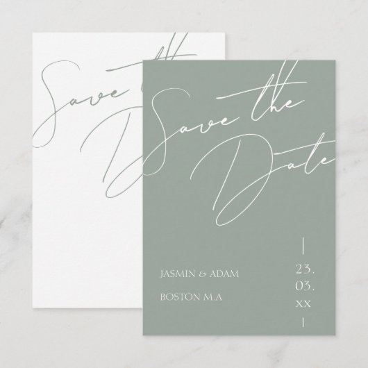 Minimalistisch Sage Green Script Typografy Wedding Save The Date (Vorne/Hinten)