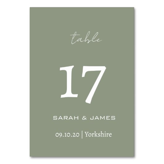 Minimalistisch Sage Green Script Wedding Custom Tischnummer (Vorderseite)