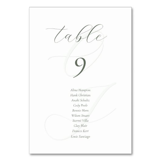 Minimalistisch Sage Green Script Wedding Platzkart Tischnummer (Vorderseite)