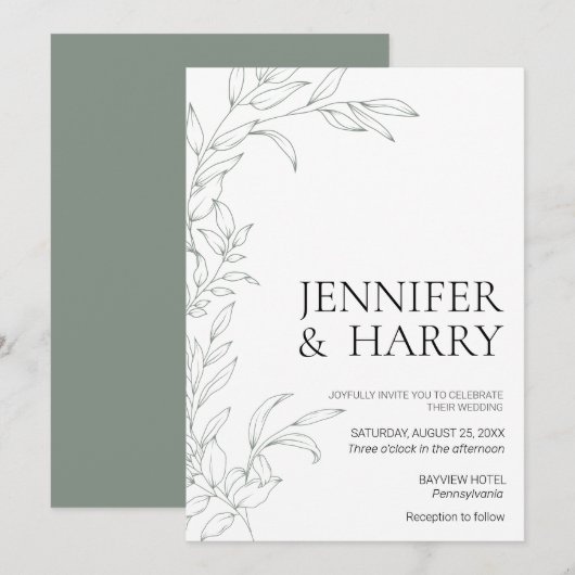 Minimalistisch Sage Green Wedding Einladung (Vorne/Hinten)