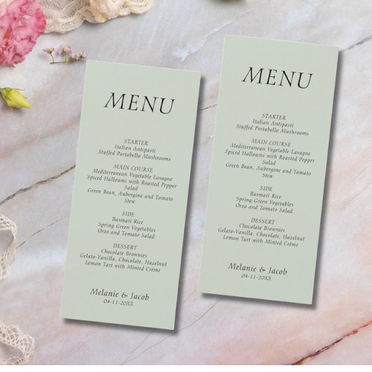 Minimalistisch Sage Green Wedding Flat Menu Menükarte