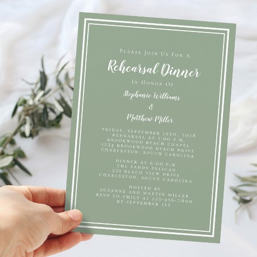 Minimalistisch Sage Green Wedding Probe Dinner Einladung