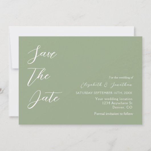Minimalistisch Sage Green Wedding Save The Date (Vorderseite)