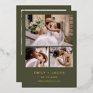 Minimalistisch Sage Green Wedding Vier Foto Gold F Folieneinladung