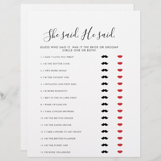 Minimalistisch sagte er, sie sagte Brautparty Game (Vorne/Hinten)