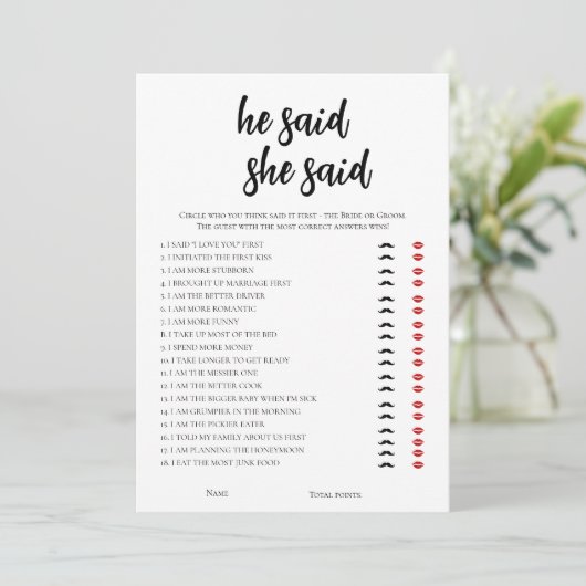 Minimalistisch sagte er, sie sagte Brautparty Game Einladung (Stehend Vorderseite)