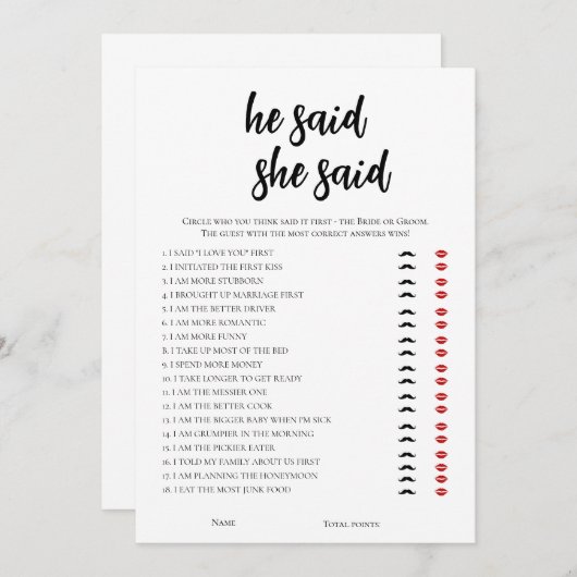 Minimalistisch sagte er, sie sagte Brautparty Game Einladung (Vorne/Hinten)