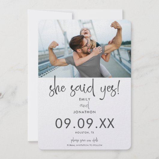 Minimalistisch sagte sie Yes Foto Modernes Skript Save The Date (Vorderseite)