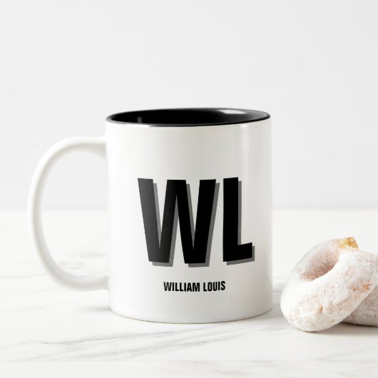 Minimalistisch Schwarz-Grau-Personalisiert-Monogra Zweifarbige Tasse (Mit Donut)