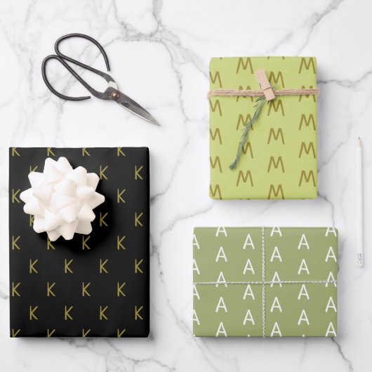 Minimalistisch Schwarz Grün und Gold Monogram Geschenkpapier Set (Vorderseite)