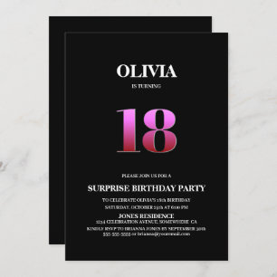 Minimalistisch Schwarz und Rosa Überraschung 18. G Einladung