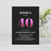 Minimalistisch Schwarz und Rosa Überraschung 40. G Einladung (Stehend Vorderseite)