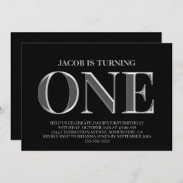 Minimalistisch Schwarz und Silber 1. Geburtstag Pa Einladung