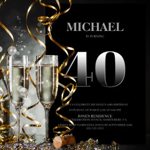 Minimalistisch Schwarz und Silber 40. Geburtstag P Einladung