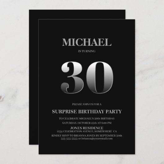 Minimalistisch Schwarz und Silber Überraschung 30. Einladung (Vorne/Hinten)
