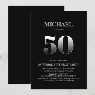 Minimalistisch Schwarz und Silber Überraschung 50. Einladung