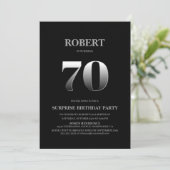 Minimalistisch Schwarz und Silber Überraschung 70. Einladung (Stehend Vorderseite)