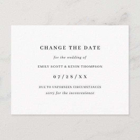 Minimalistisch Schwarz und Weiß ändern das Datum Ankündigungspostkarte (Vorderseite)