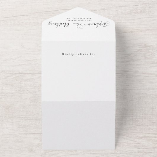 Minimalistisch Schwarz und Weiß mit Herzenshochzei All In One Einladung (Außenbereich)