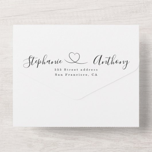 Minimalistisch Schwarz und Weiß mit Herzenshochzei All In One Einladung (Rückseite)