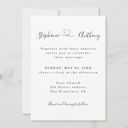 Minimalistisch Schwarz und Weiß mit Herzenshochzei Einladung (Vorderseite)