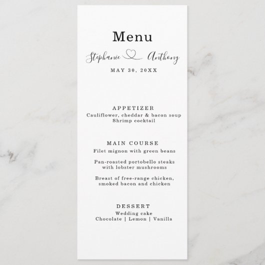 Minimalistisch Schwarz und Weiß mit Herzenshochzei Menükarte (Vorderseite)