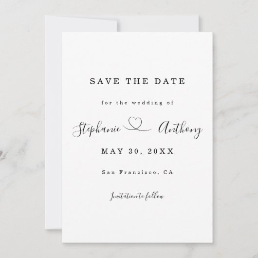 Minimalistisch Schwarz und Weiß mit Herzenshochzei Save The Date (Vorderseite)