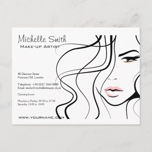 Minimalistisch Schwarz-Weiß-Elegant Feminine Makeu Postkarte (Vorderseite)