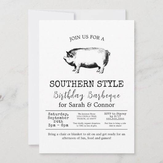 Minimalistisch Schwarz-Weiß-GRILLEN Pig Roast-Part Einladung (Vorderseite)