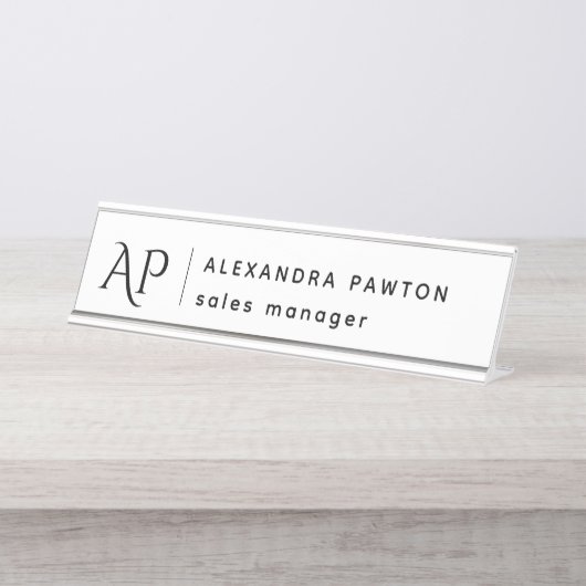 Minimalistisch Schwarz-Weiß-Minimalistische Monogr Schreibtischnamensplakette (Vorderseite )