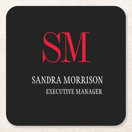 Minimalistisch Schwarz-weiß Red Monogram Rechteckiger Pappuntersetzer (Vorderseite)