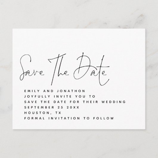 Minimalistisch Schwarz-weißes Skript Save the Date Postkarte (Vorderseite)