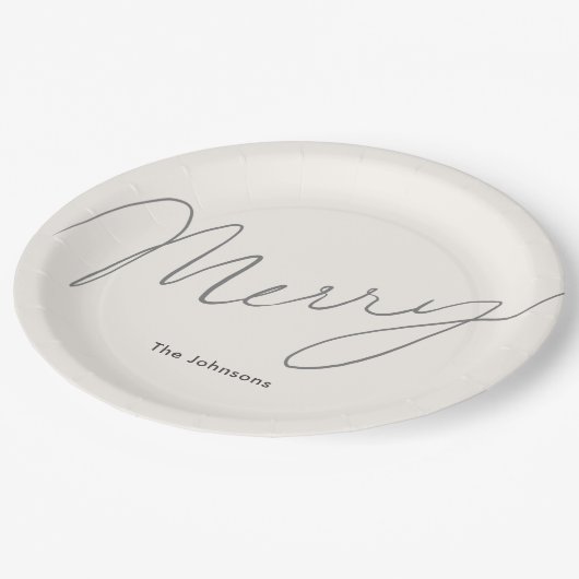 Minimalistisch Script Merry Cream White Pappteller (Schrägansicht)