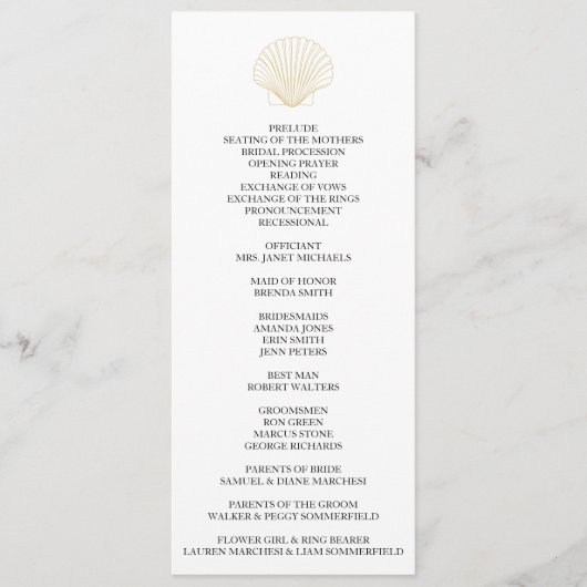 Minimalistisch Seashell Wedding Programm (Vorderseite)