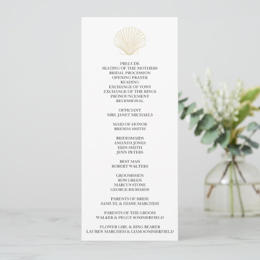 Minimalistisch Seashell Wedding Programm (Stehend Vorderseite)