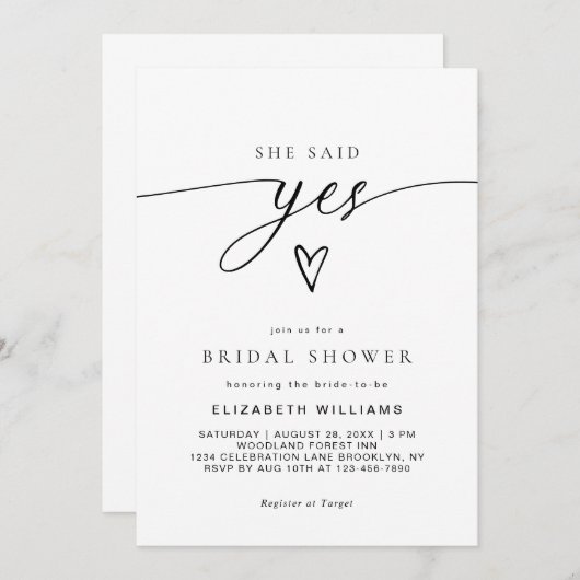 Minimalistisch She Said Yes Heft Script Brautparty Einladung (Vorne/Hinten)