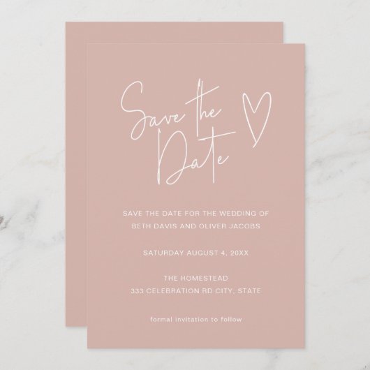 Minimalistisch Signature Schriftart Dusty Pink Sav Save The Date (Vorne/Hinten)