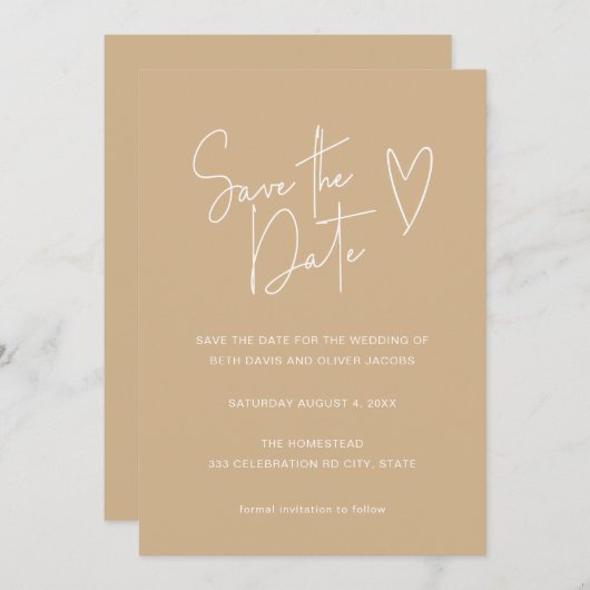 Minimalistisch Signature Schriftart Tan Save the D Save The Date (Vorne/Hinten)