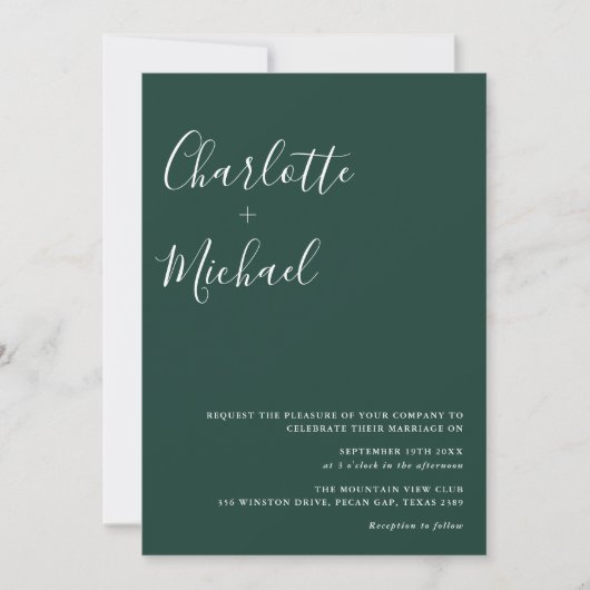 Minimalistisch Signature Script Emerald Green Wedd Einladung (Vorderseite)