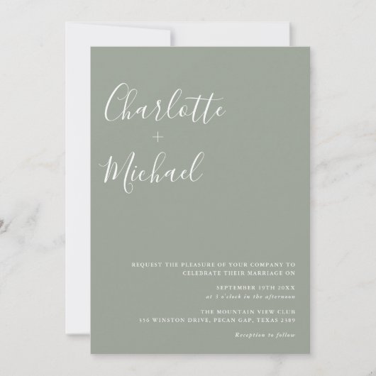 Minimalistisch Signature Script Sage Green Wedding Einladung (Vorderseite)