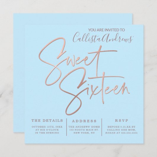 Minimalistisch Sky Blue Rose Gold Typografie Sweet Einladung (Vorne/Hinten)