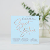 Minimalistisch Sky Blue Rose Gold Typografie Sweet Einladung (Stehend Vorderseite)