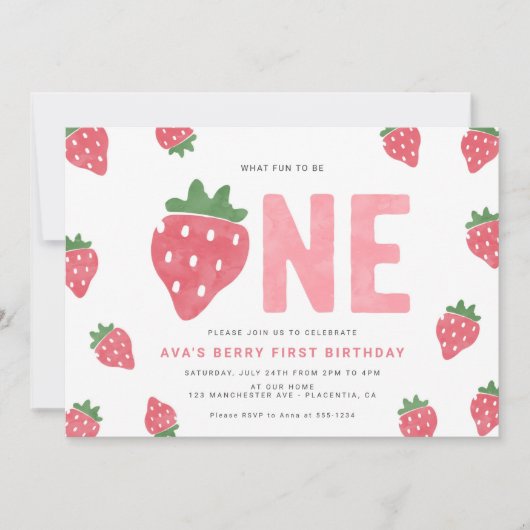 Minimalistisch Strawberry Berry Erster Geburtstag Einladung (Vorderseite)